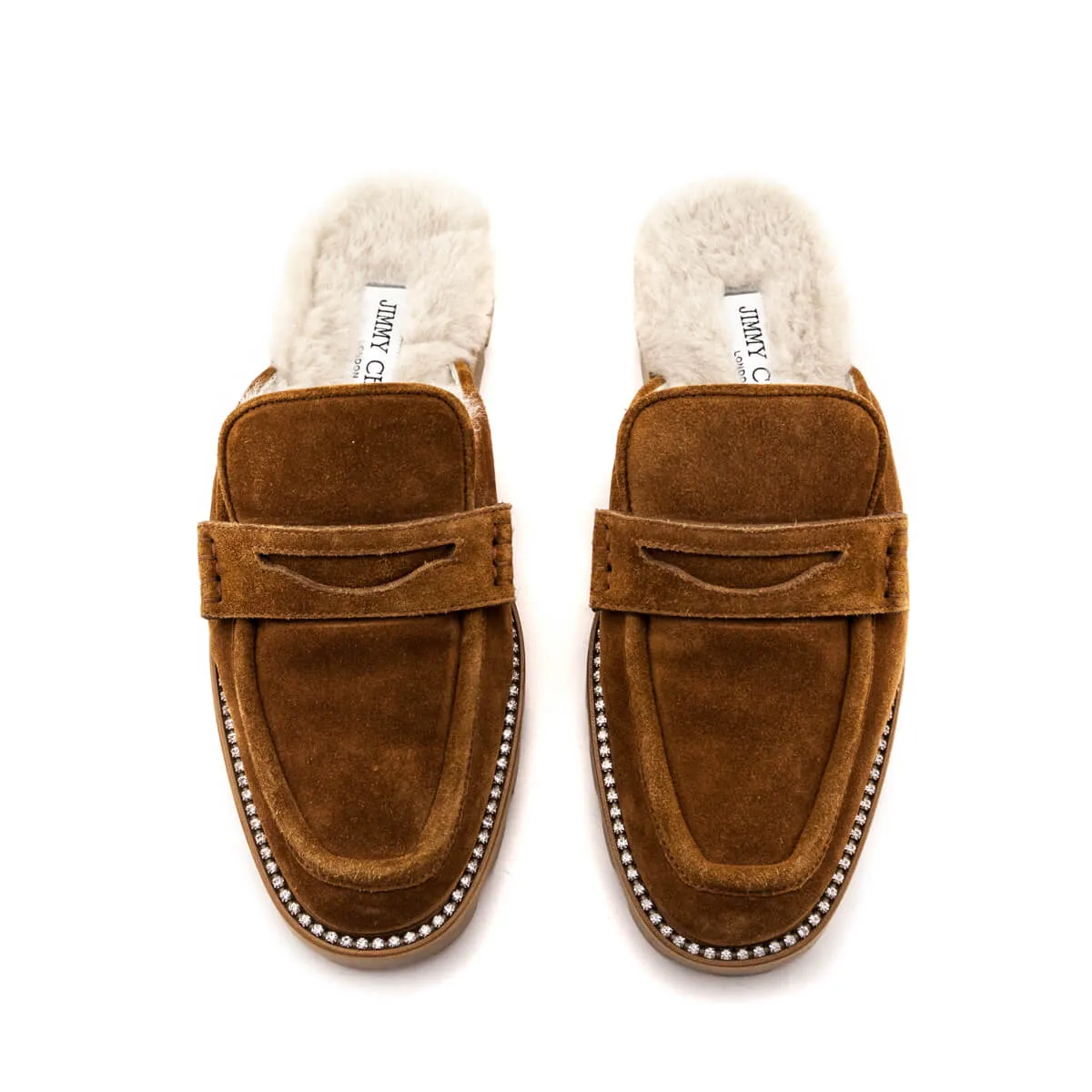 Jimmy Choo Tan Suede Crystal Embellished Shearling Mules Size US 8.5 | US 38.5
