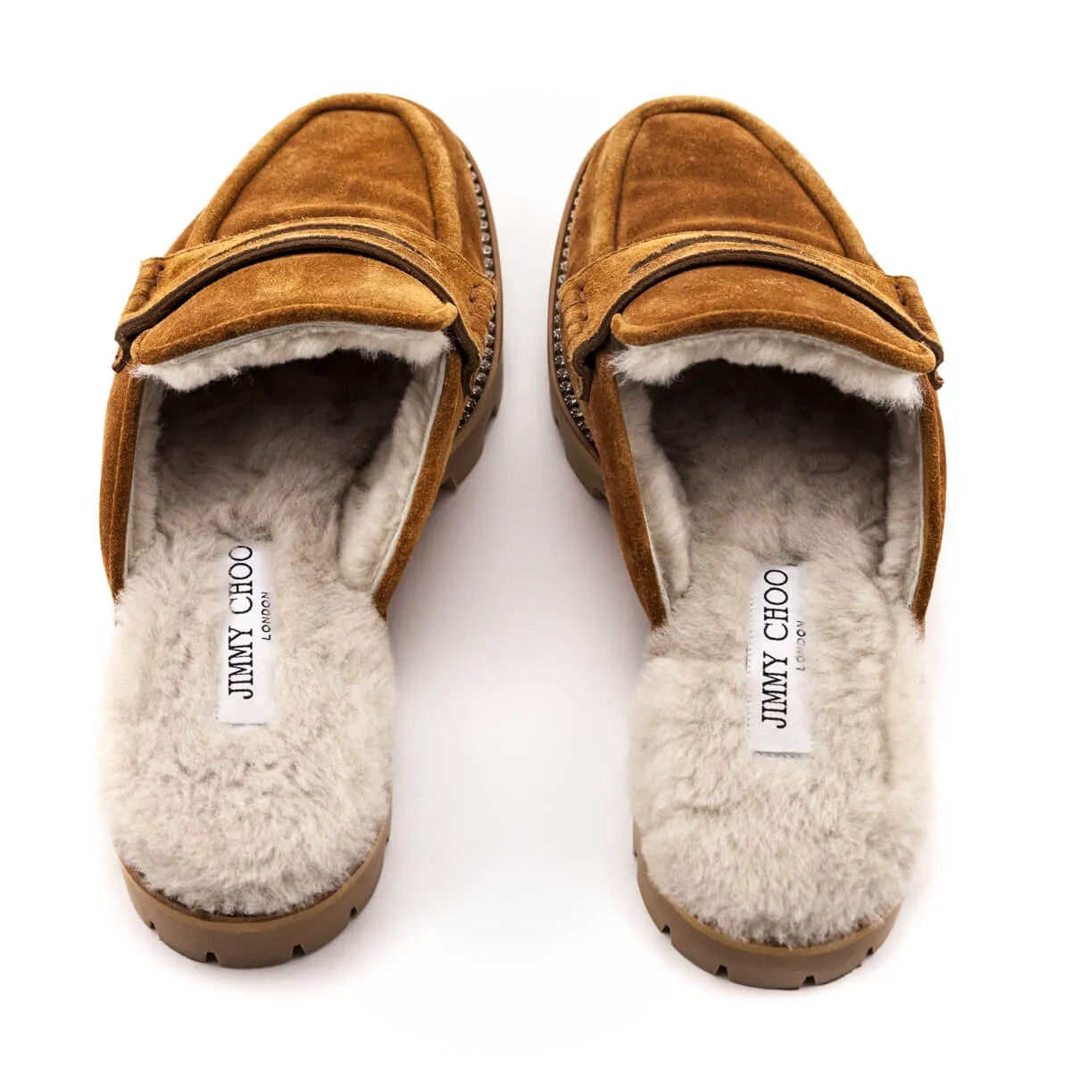 Jimmy Choo Tan Suede Crystal Embellished Shearling Mules Size US 8.5 | US 38.5