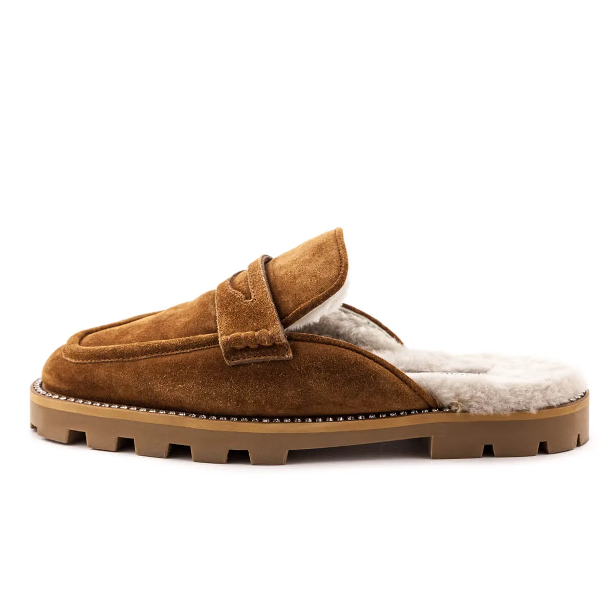 Jimmy Choo Tan Suede Crystal Embellished Shearling Mules Size US 8.5 | US 38.5