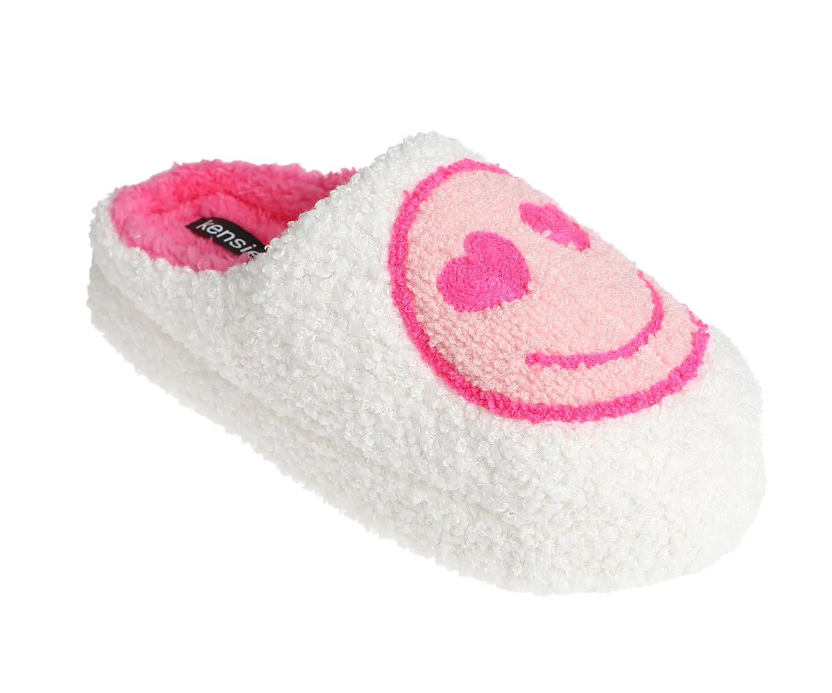 Kensie Women's Fuzzy Smiley Face Slipper, Comfy Indoor Outdoor Closed Toe House Slippers for Women