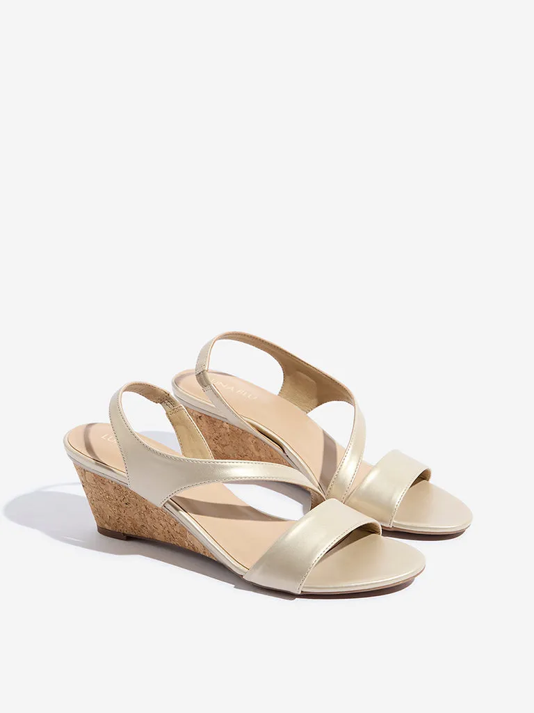 LUNA BLU Light Gold Asymmetrical Slingback Wedge Heel Sandals