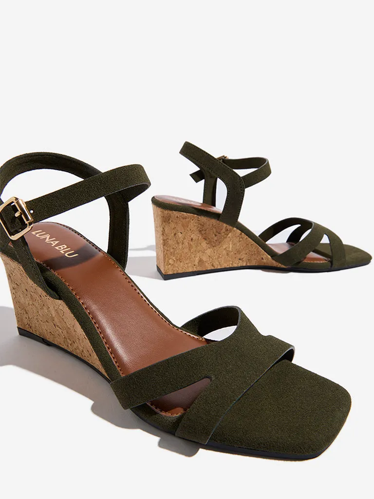 LUNA BLU Olive Slingback Wedge-Heel Sandals