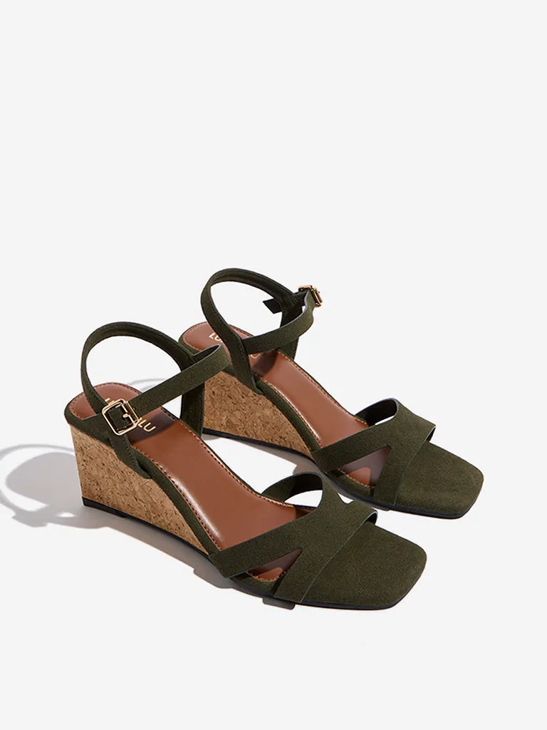LUNA BLU Olive Slingback Wedge-Heel Sandals