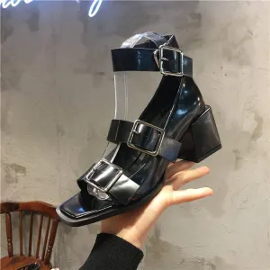 LUXE SEVEN DESIGN BUCKLE BLOCK HEELED SANDALS