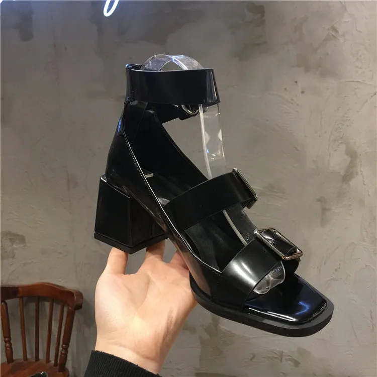 LUXE SEVEN DESIGN BUCKLE BLOCK HEELED SANDALS
