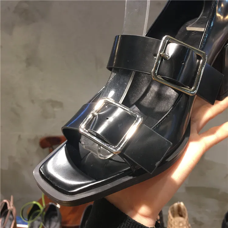LUXE SEVEN DESIGN BUCKLE BLOCK HEELED SANDALS