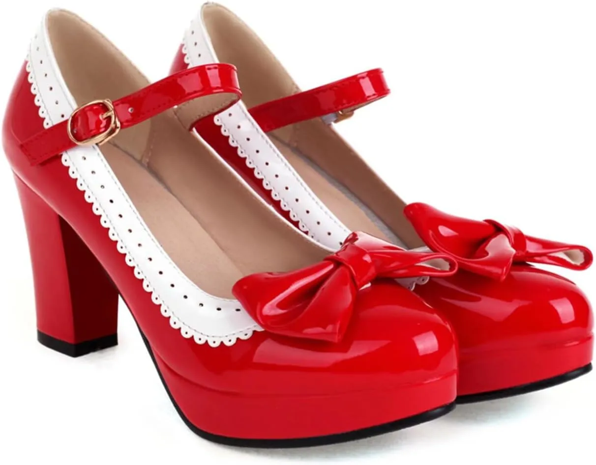 Mary Jane Heels for Women Bow Lolita Platform High Heels Kawaii Shoes Dress Round Toe Pumps
