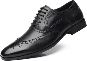 Men's Leather Brogues Low Heel Dress Shoes Classic Round Toe Lace-Up Wingtip Business Oxford Shoes for Driving Office Business Wedding