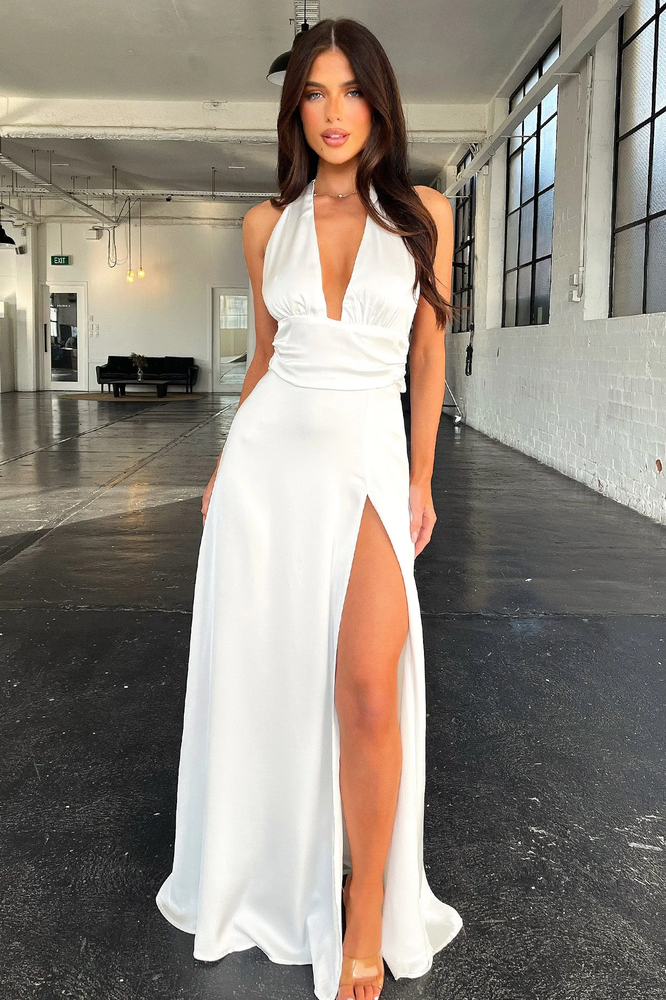 Neriah Satin Halter Maxi Dress - White