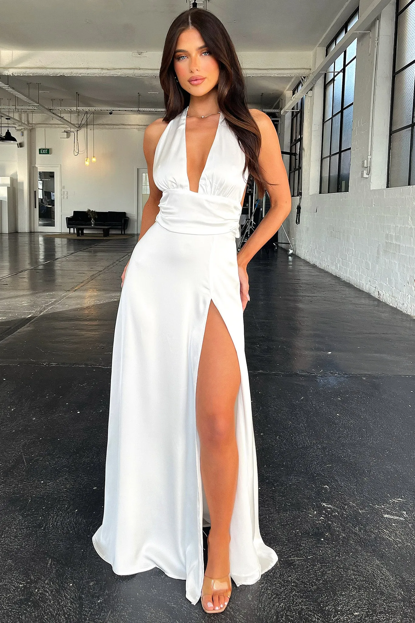 Neriah Satin Halter Maxi Dress - White