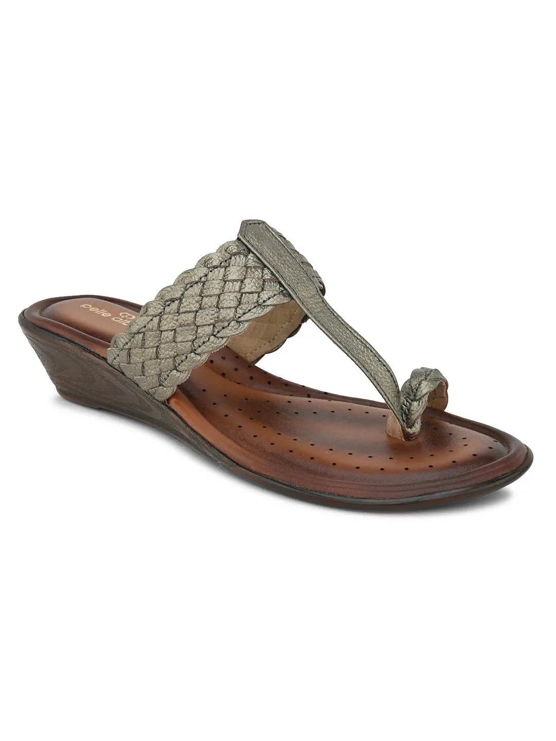 Pelle Albero Women's G Metal Leather Slip-On Wedge Heel Sandals