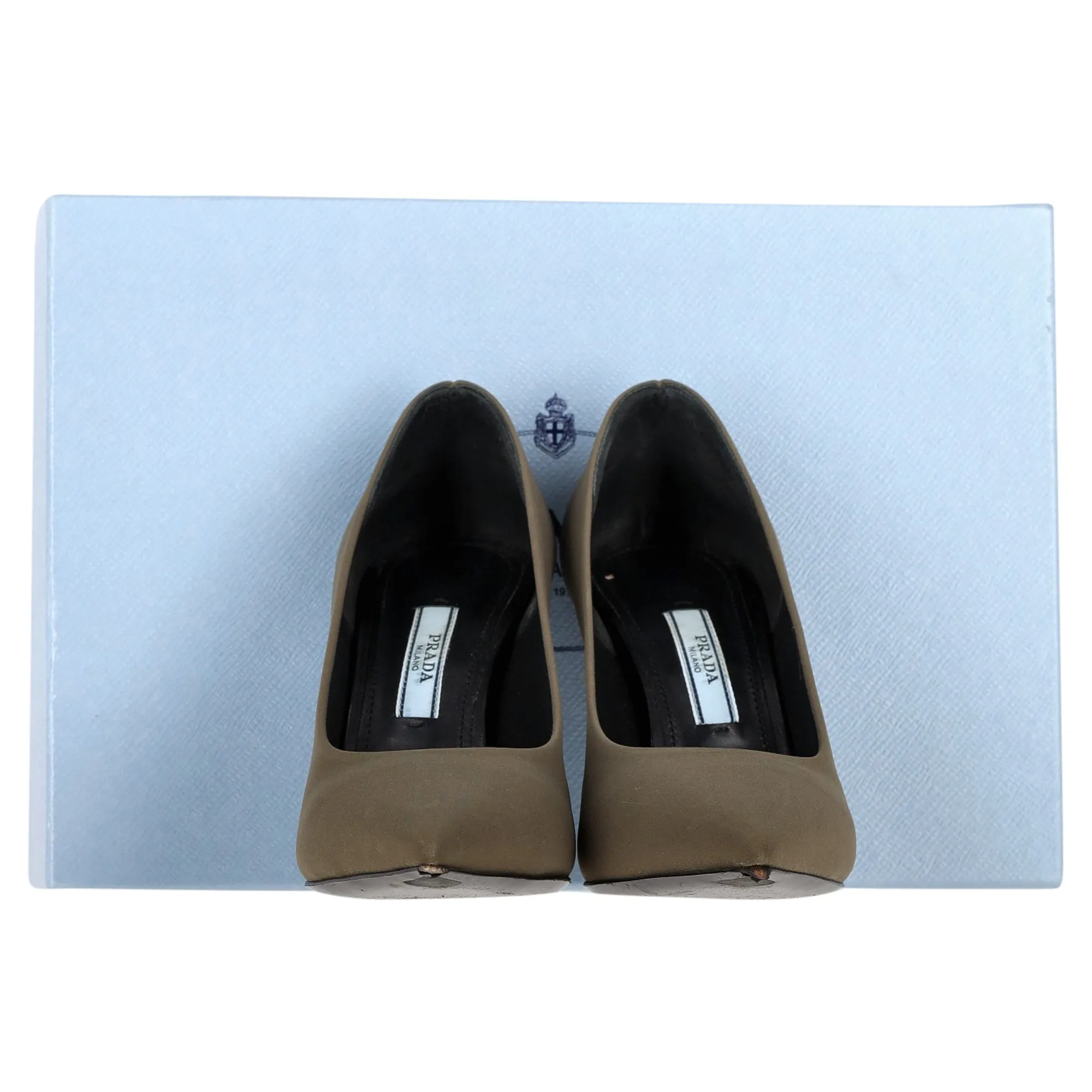 Prada Logo Plaque Pointed-Toe Pumps in Olive Suede