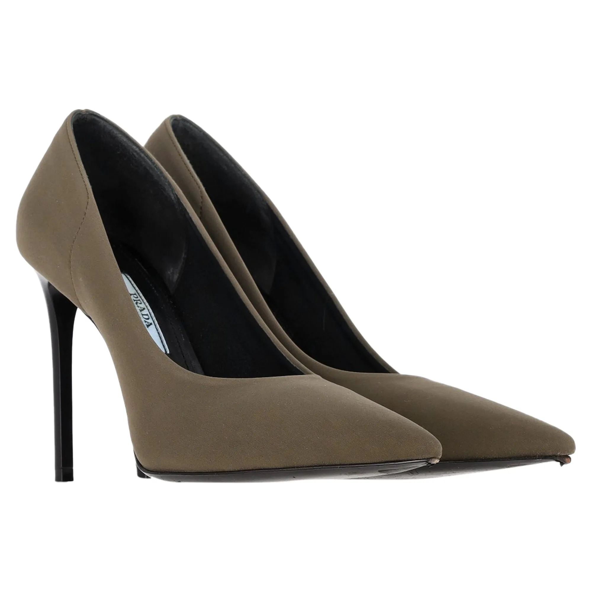 Prada Logo Plaque Pointed-Toe Pumps in Olive Suede