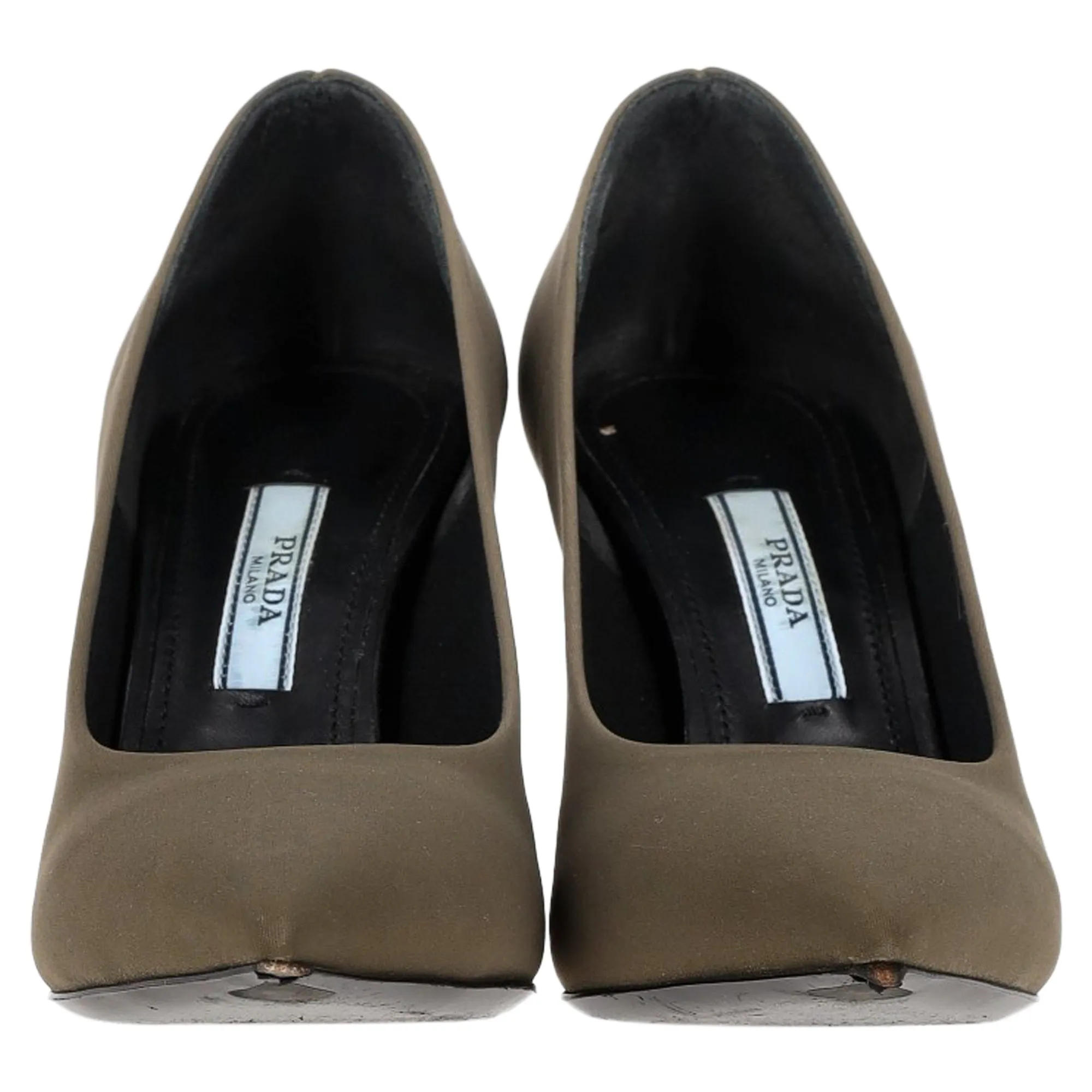 Prada Logo Plaque Pointed-Toe Pumps in Olive Suede
