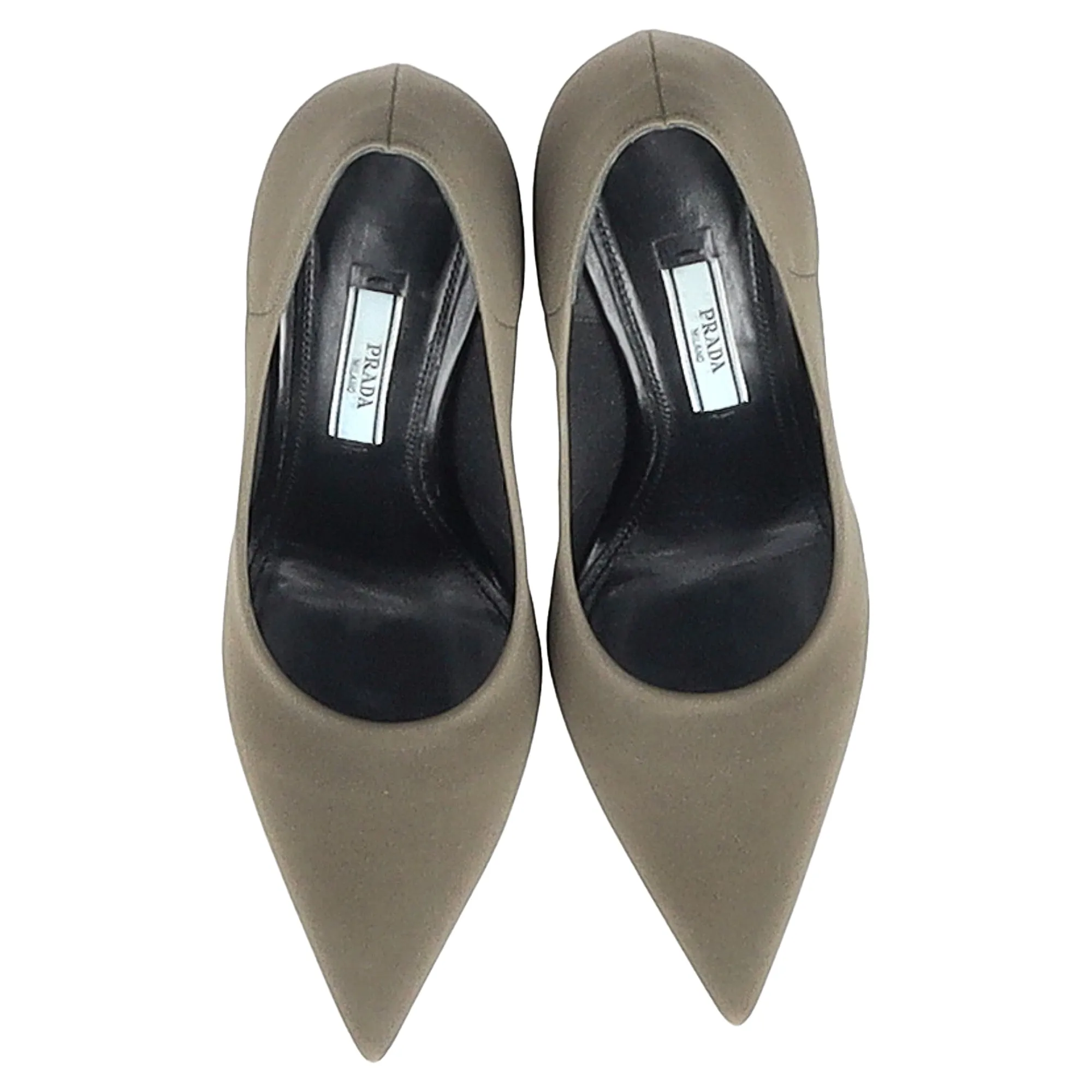 Prada Logo Plaque Pointed-Toe Pumps in Olive Suede