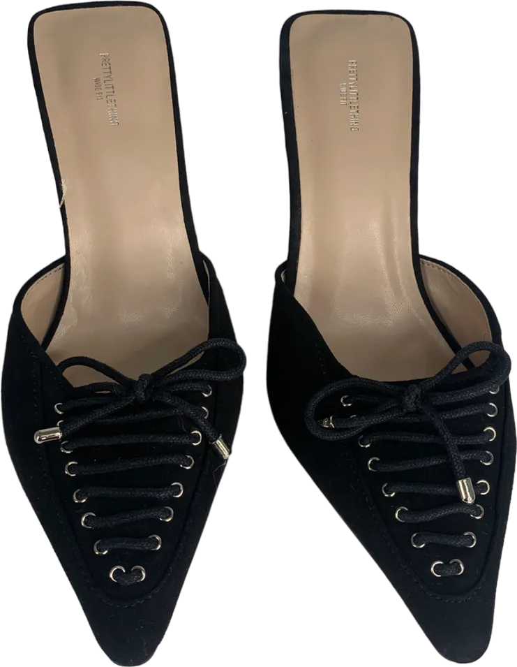 PrettyLittleThing Black Faux Suede Wide Fit Point Toe Laced Bow Detailed Heeled Mules UK 3 EU 36 