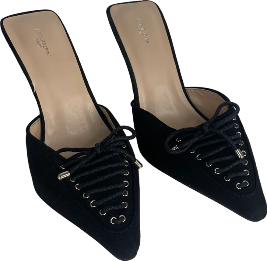 PrettyLittleThing Black Faux Suede Wide Fit Point Toe Laced Bow Detailed Heeled Mules UK 3 EU 36 