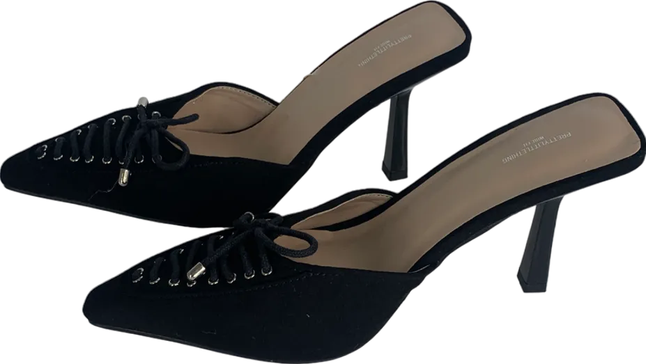 PrettyLittleThing Black Faux Suede Wide Fit Point Toe Laced Bow Detailed Heeled Mules UK 3 EU 36 