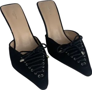 PrettyLittleThing Black Faux Suede Wide Fit Point Toe Laced Bow Detailed Heeled Mules UK 3 EU 36 