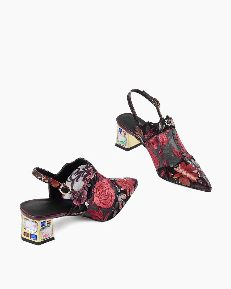 Retro Floral Embroidery Block Heel Mules