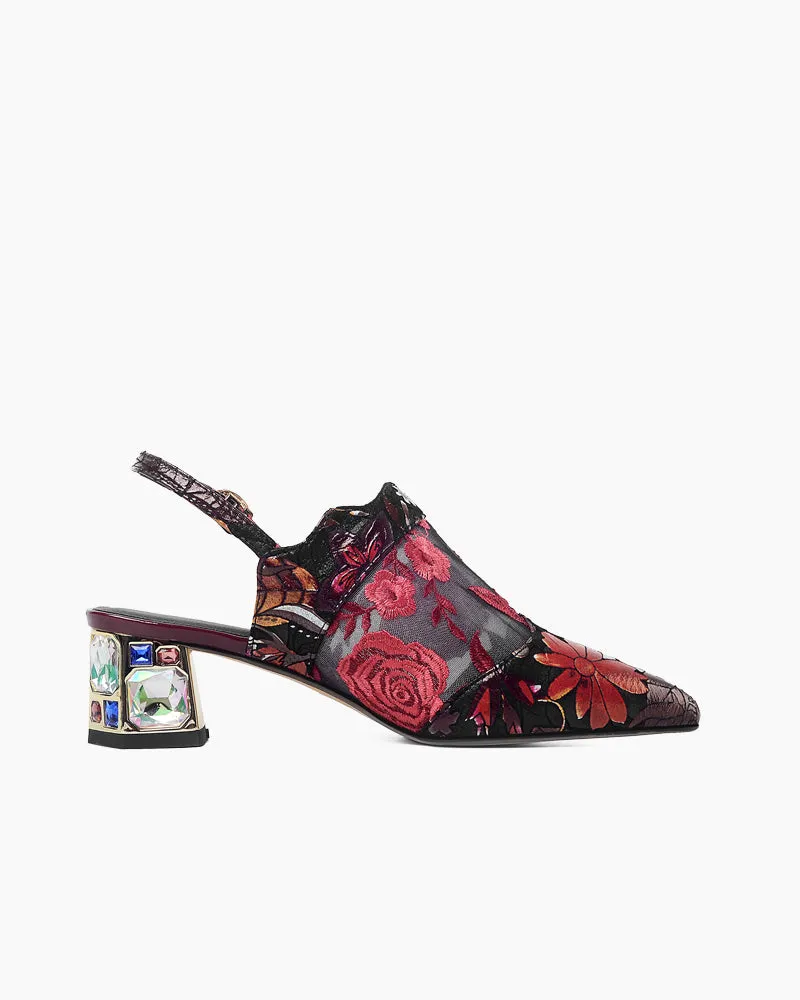 Retro Floral Embroidery Block Heel Mules