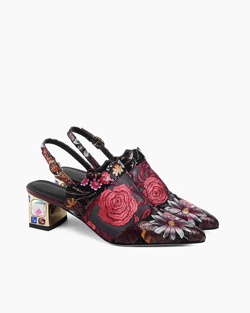 Retro Floral Embroidery Block Heel Mules
