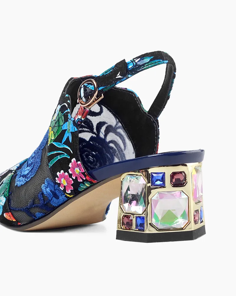 Retro Floral Embroidery Block Heel Mules