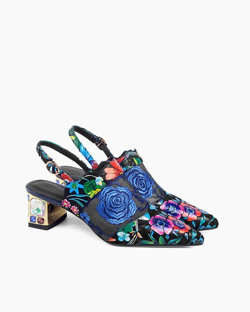 Retro Floral Embroidery Block Heel Mules