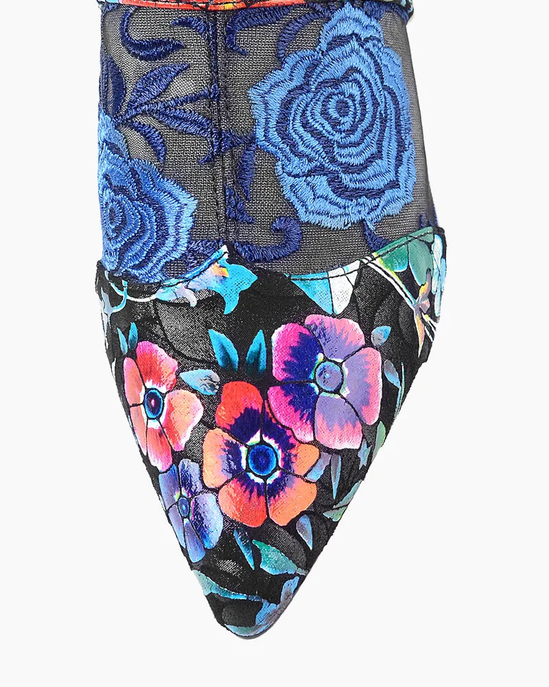Retro Floral Embroidery Block Heel Mules