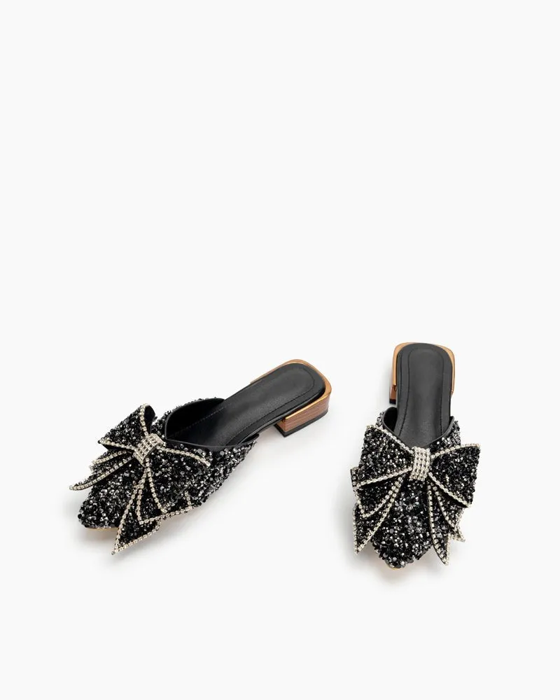 Rhinestones Bow Tie Slip on Backless Mules