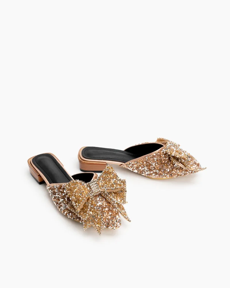 Rhinestones Bow Tie Slip on Backless Mules