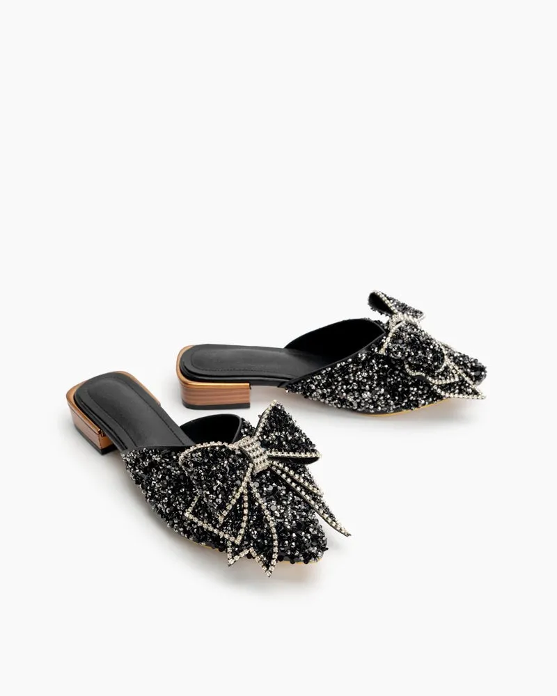 Rhinestones Bow Tie Slip on Backless Mules