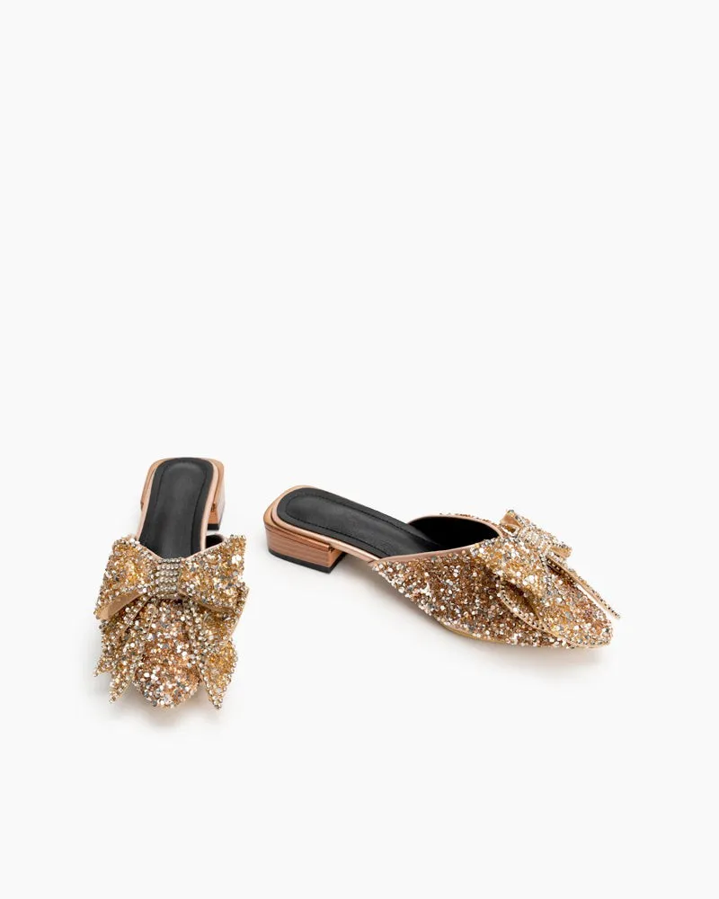 Rhinestones Bow Tie Slip on Backless Mules