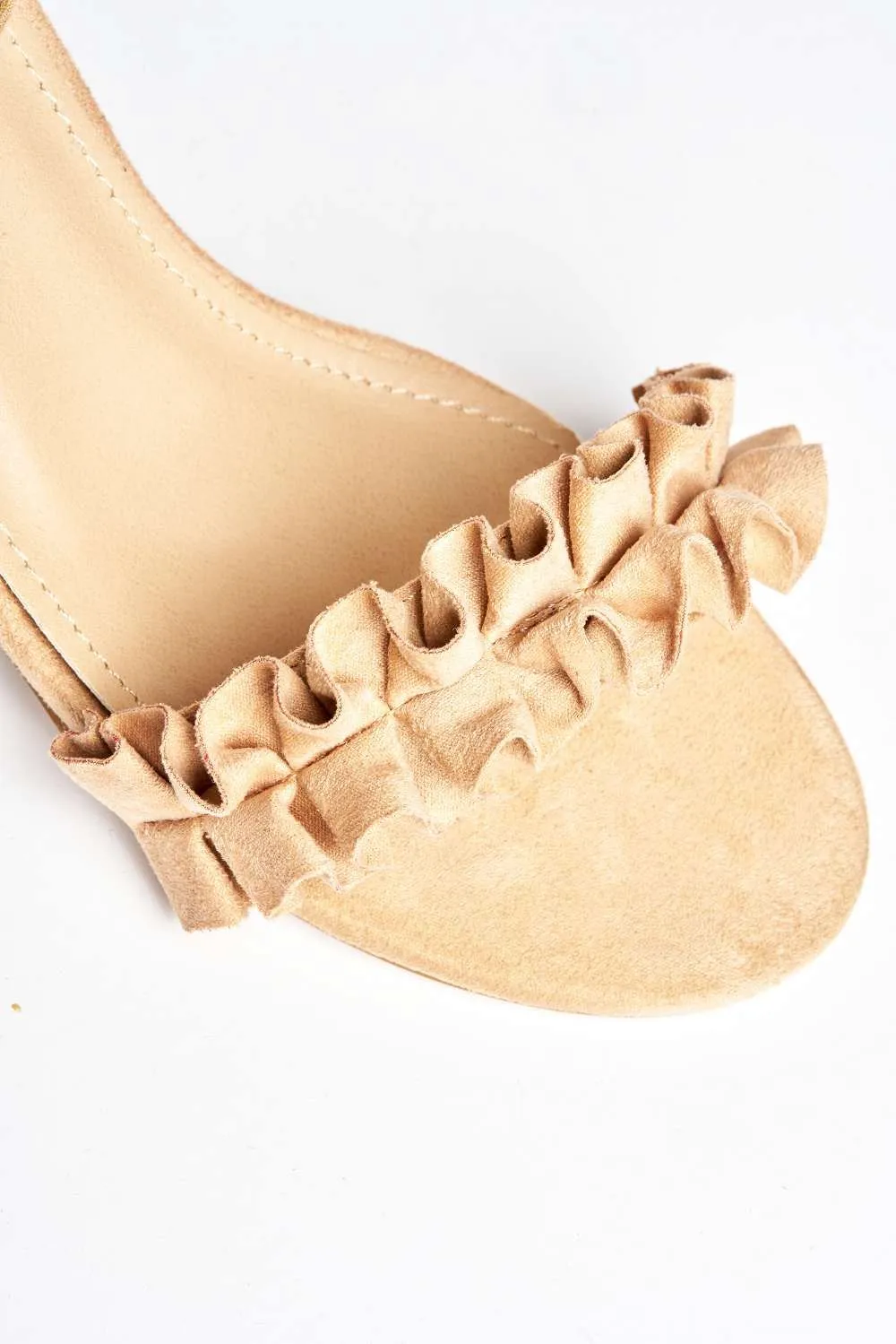 Rita Frill Detail Block Heel Ankle Strap Sandals in Nude Suede