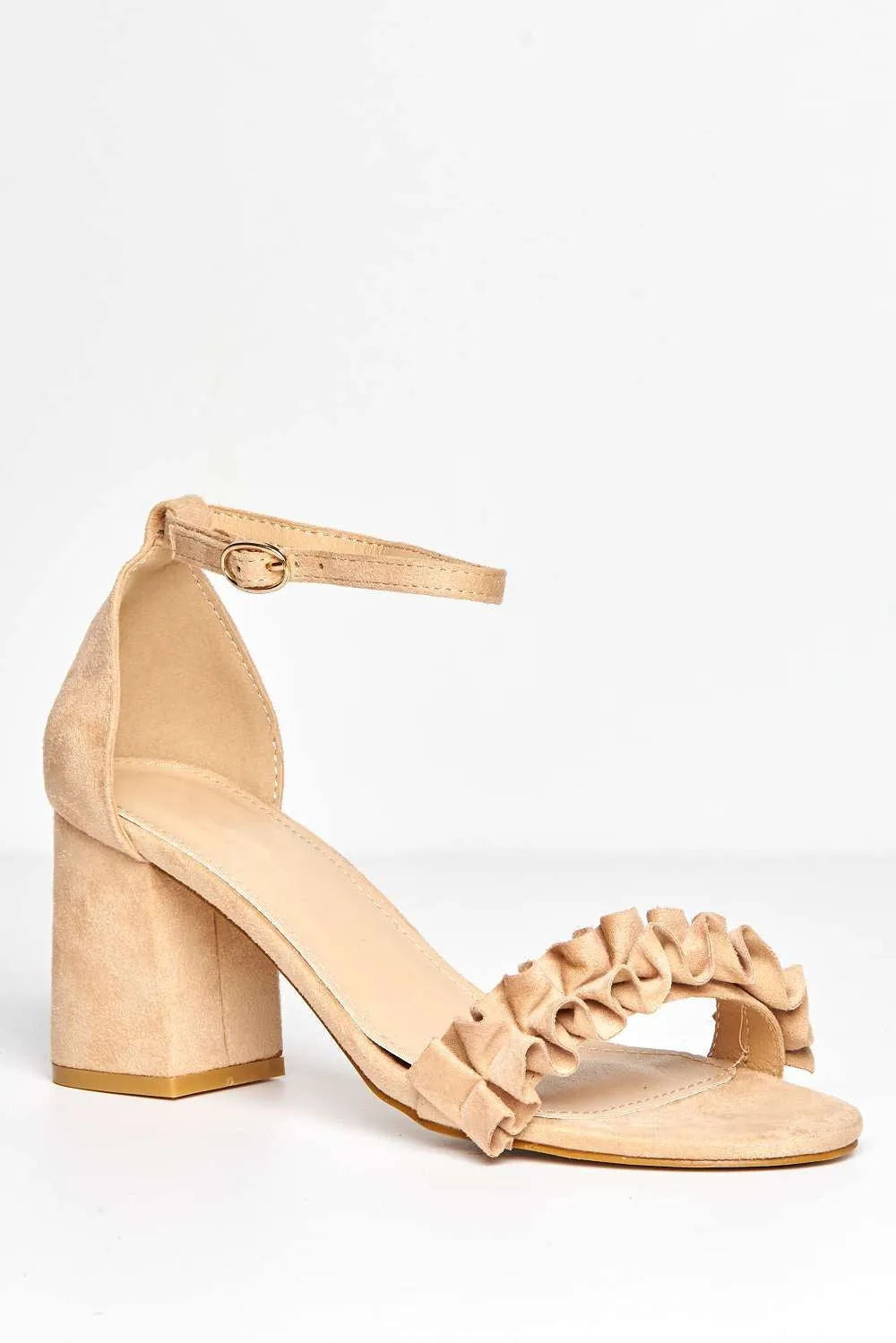 Rita Frill Detail Block Heel Ankle Strap Sandals in Nude Suede