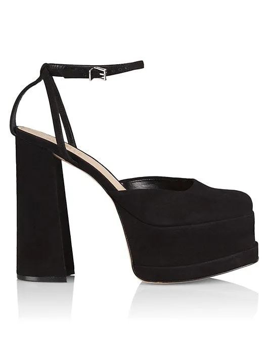 Schutz Luan New Black Ankle Strap Square Toe Chunky Platform Block Heel Pumps