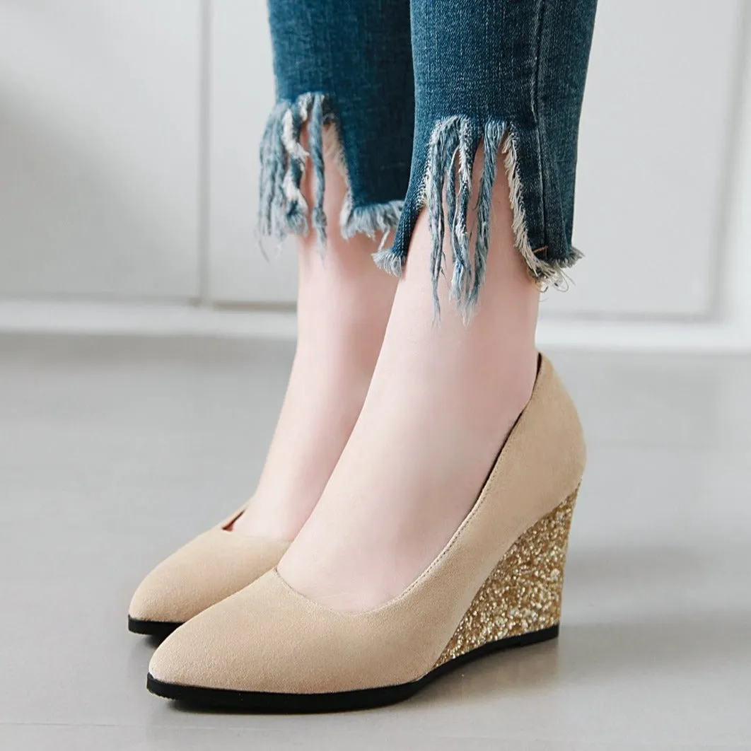 Sequin wedge pointed closed toe chunky heels