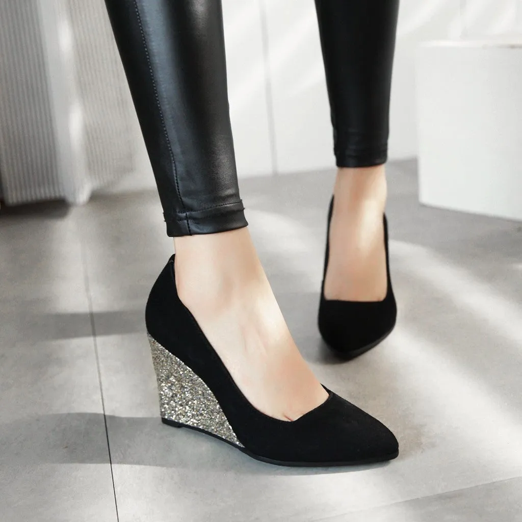 Sequin wedge pointed closed toe chunky heels