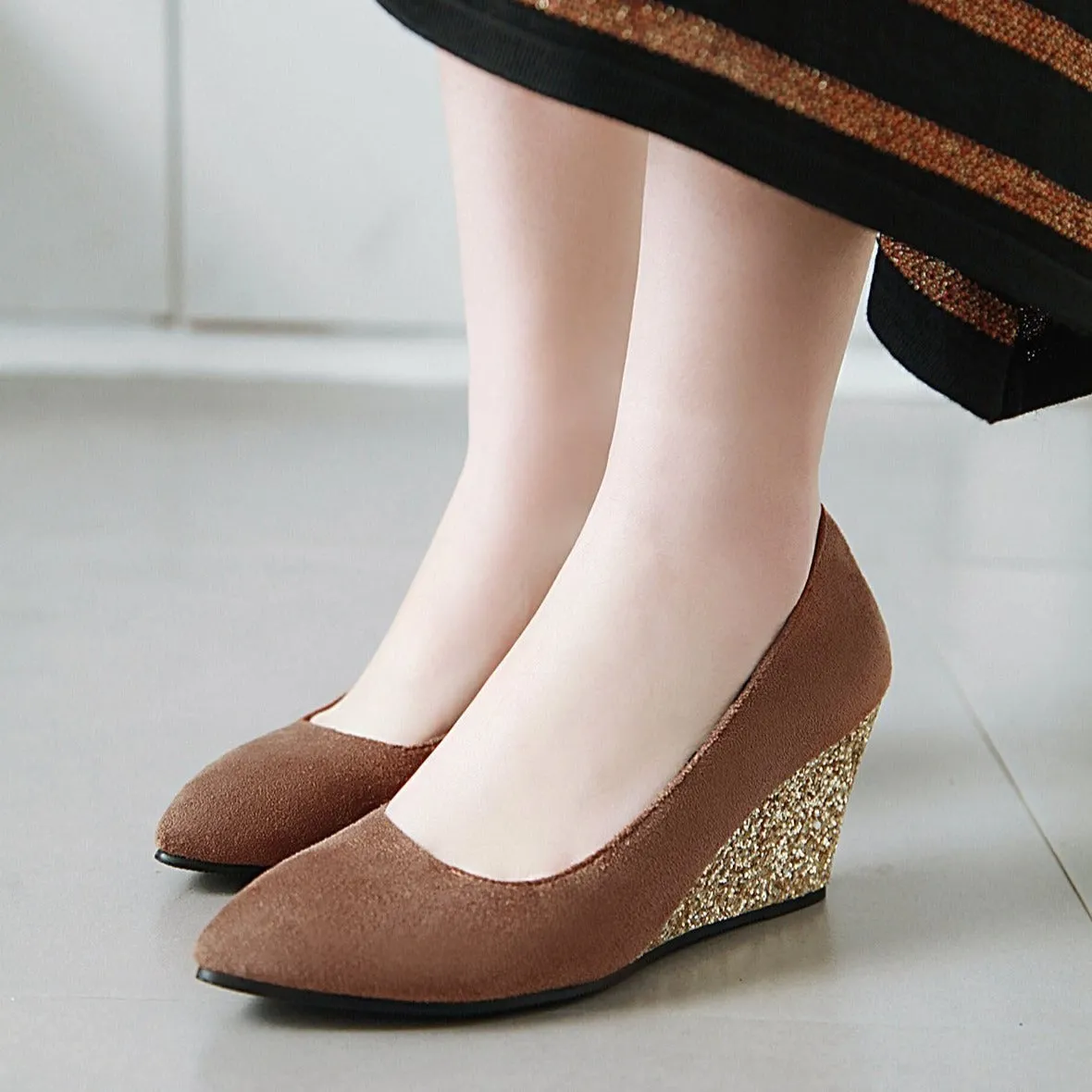 Sequin wedge pointed closed toe chunky heels