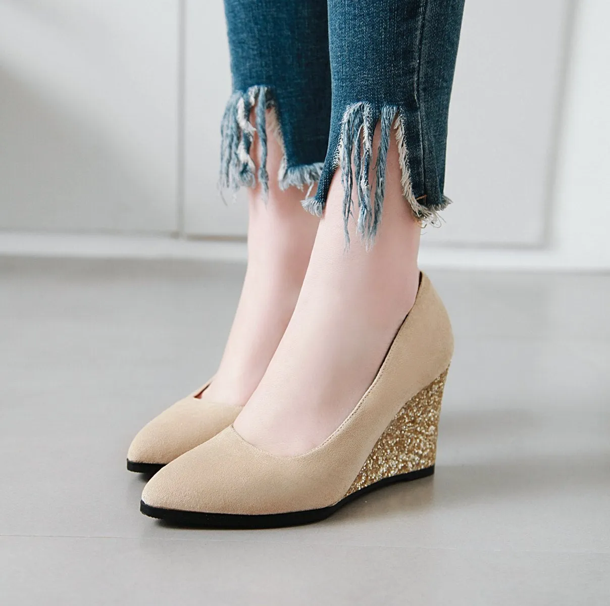 Sequin wedge pointed closed toe chunky heels