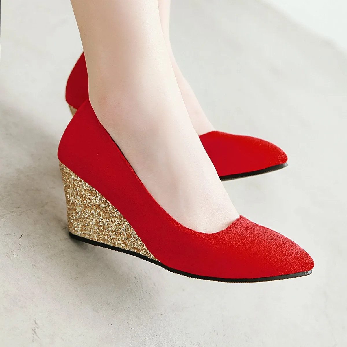 Sequin wedge pointed closed toe chunky heels