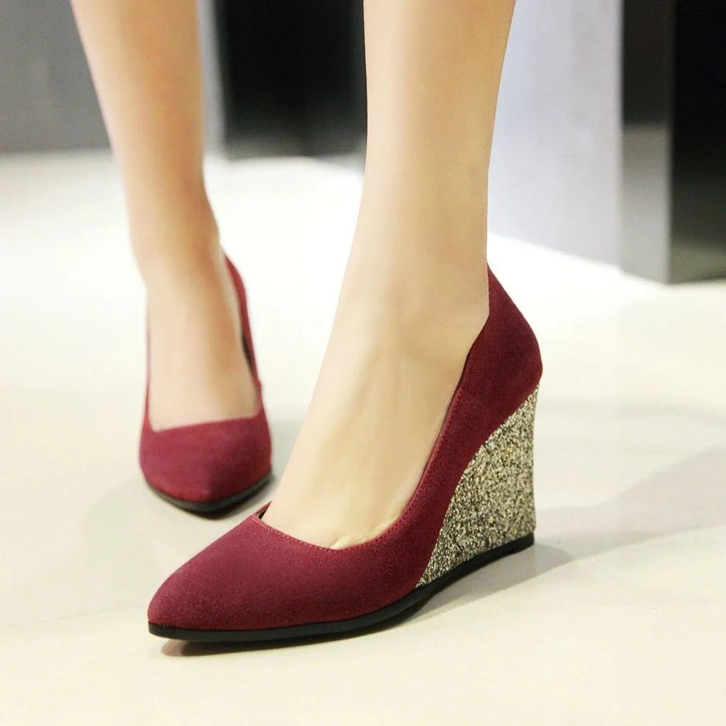 Sequin wedge pointed closed toe chunky heels