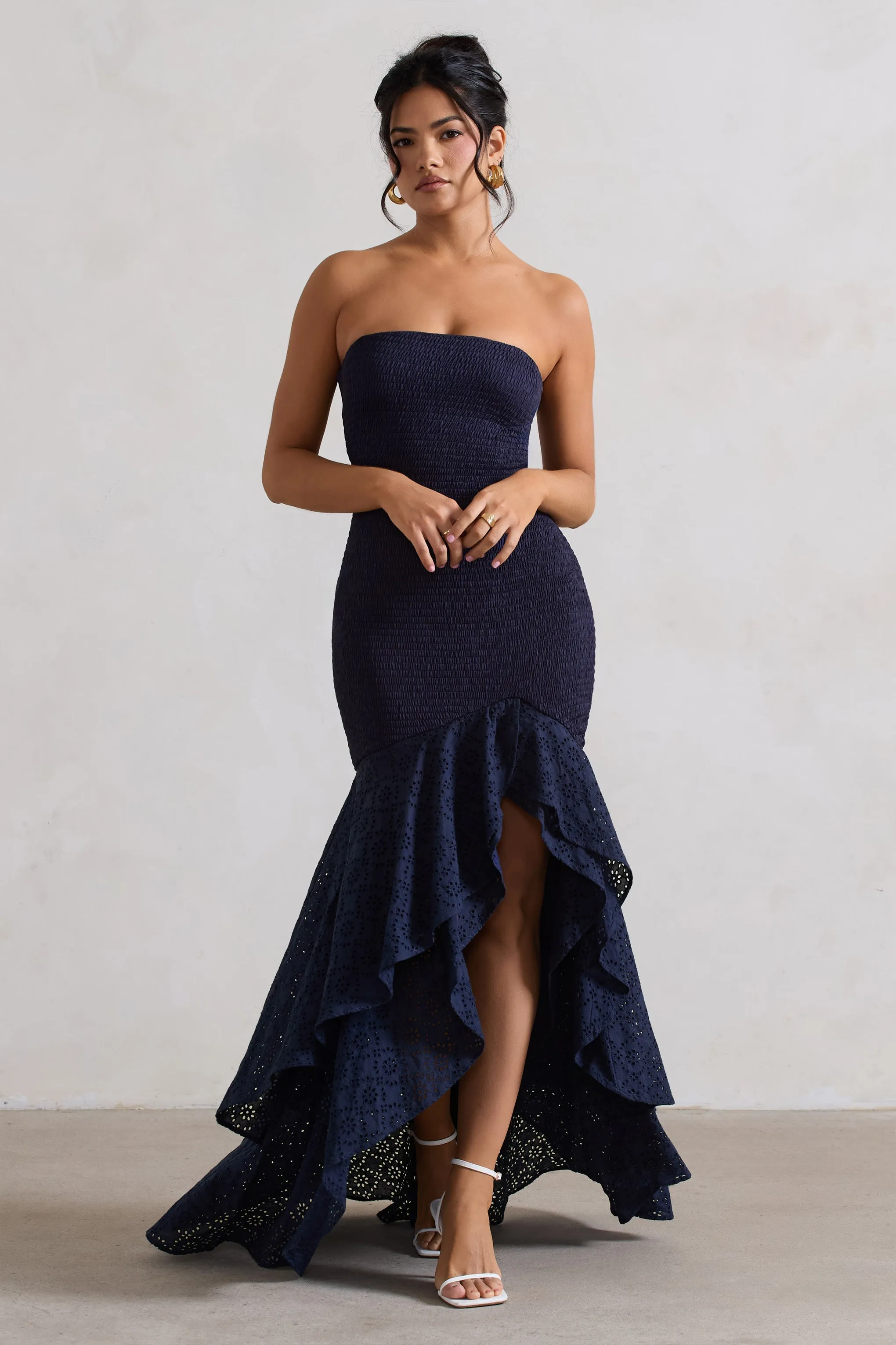 Solange | Navy Broderie Bandeau High-Low Maxi Dress