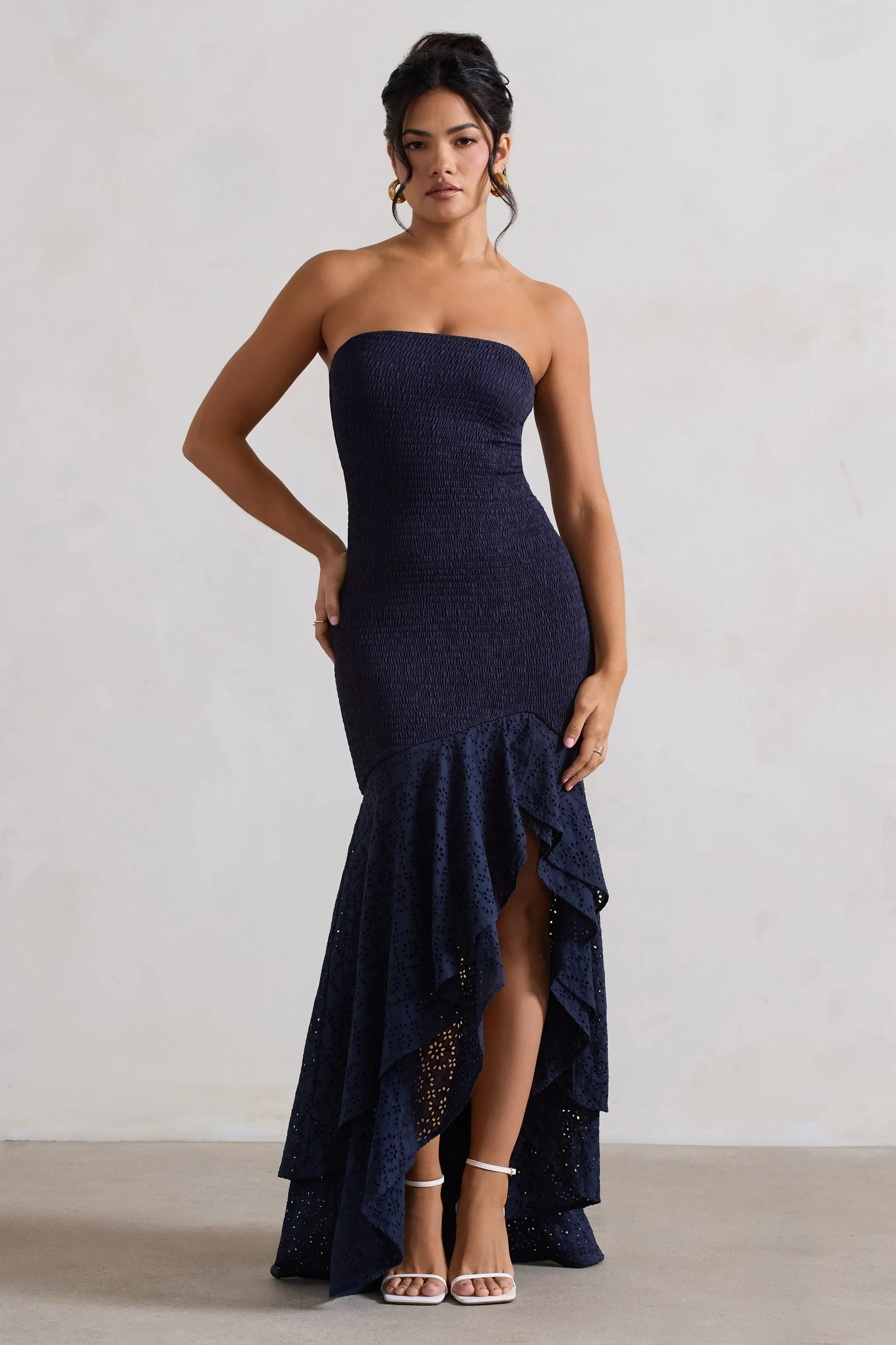 Solange | Navy Broderie Bandeau High-Low Maxi Dress