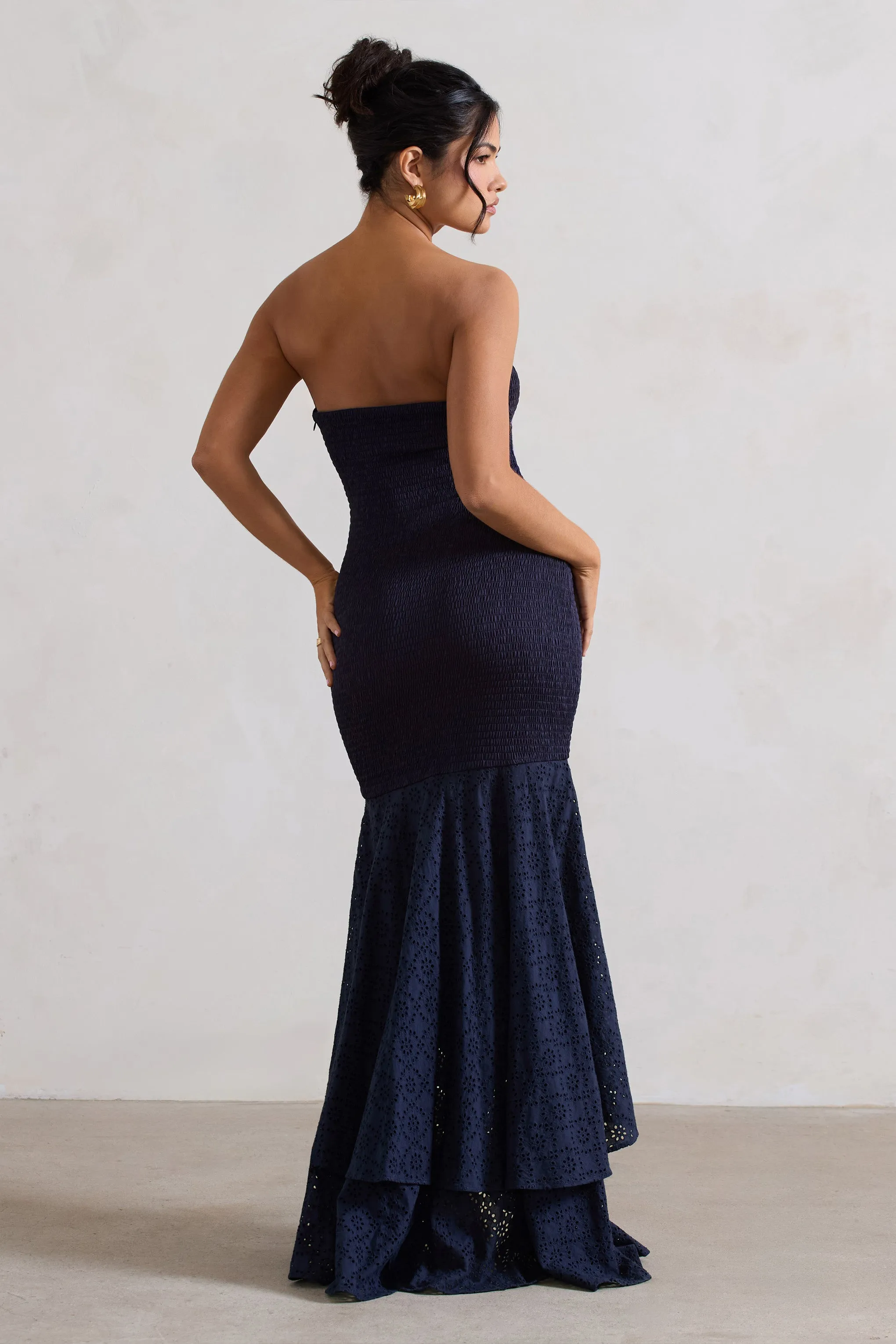 Solange | Navy Broderie Bandeau High-Low Maxi Dress