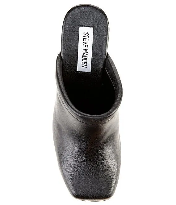 Steve Madden Alvara Black Leather Slip On Squared Toe Block Heeled Mules