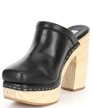 Steve Madden Alvara Black Leather Slip On Squared Toe Block Heeled Mules