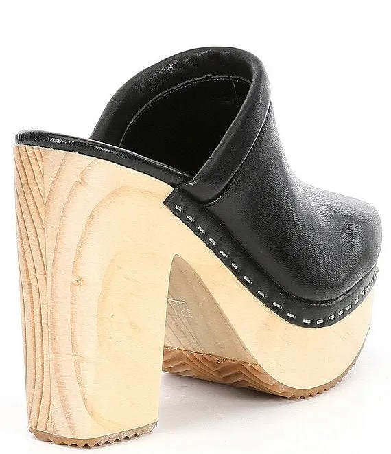 Steve Madden Alvara Black Leather Slip On Squared Toe Block Heeled Mules