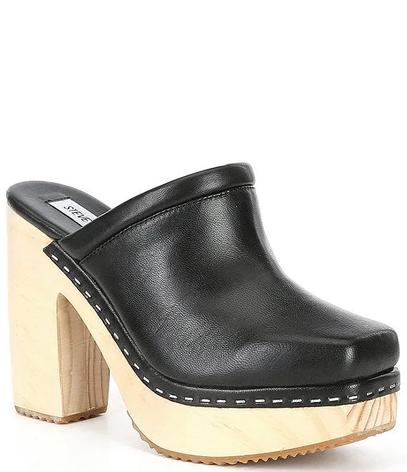 Steve Madden Alvara Black Leather Slip On Squared Toe Block Heeled Mules