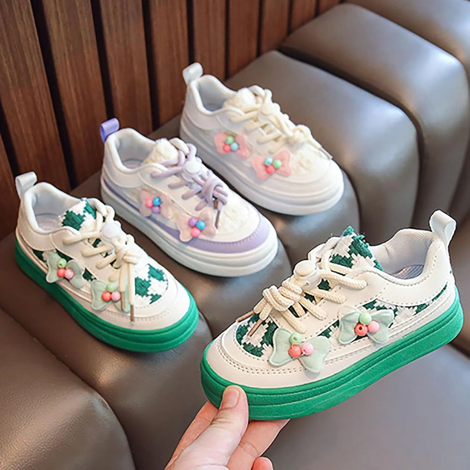 Toddler Kids Lace-Up Fashion Sneakers with Bow Girls Platform Sneakers Tennis Walking Shoes Lightweight